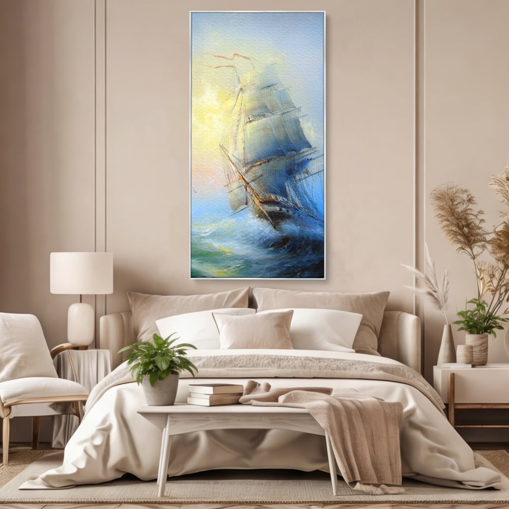 Tablou canvas cu pictura cu vapor pe valuri furtunoase, in rama de aluminiu argintiu, pe perete intr-un dormitor
